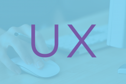 A picture of a person using a mouse and computer with the letters UX over top.