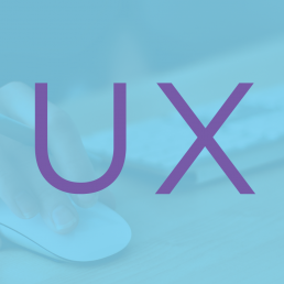 A picture of a person using a mouse and computer with the letters UX over top.